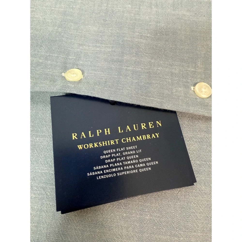 New Ralph Lauren Home Queen Flat‎ Sheet Workshirt Chambray Blue